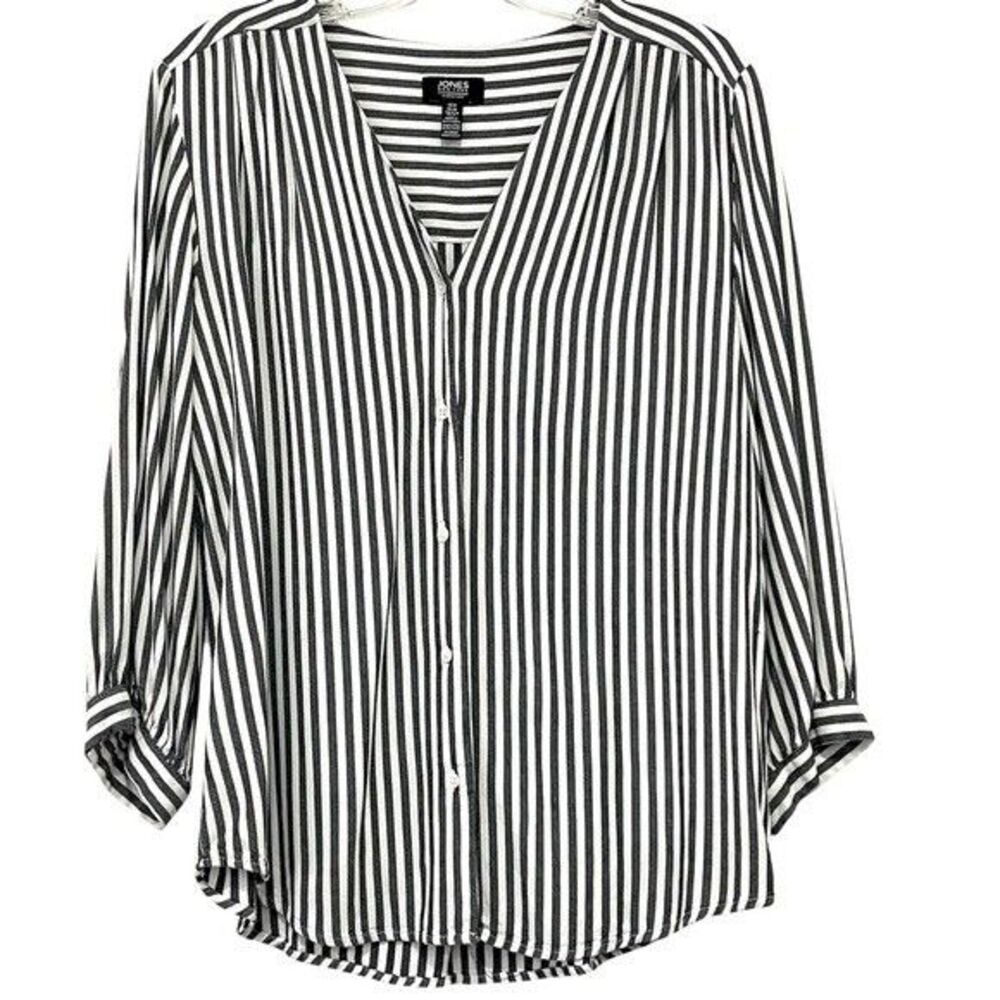 Jones New York Womens Grey and White Striped Button Up Blouse Size Medium